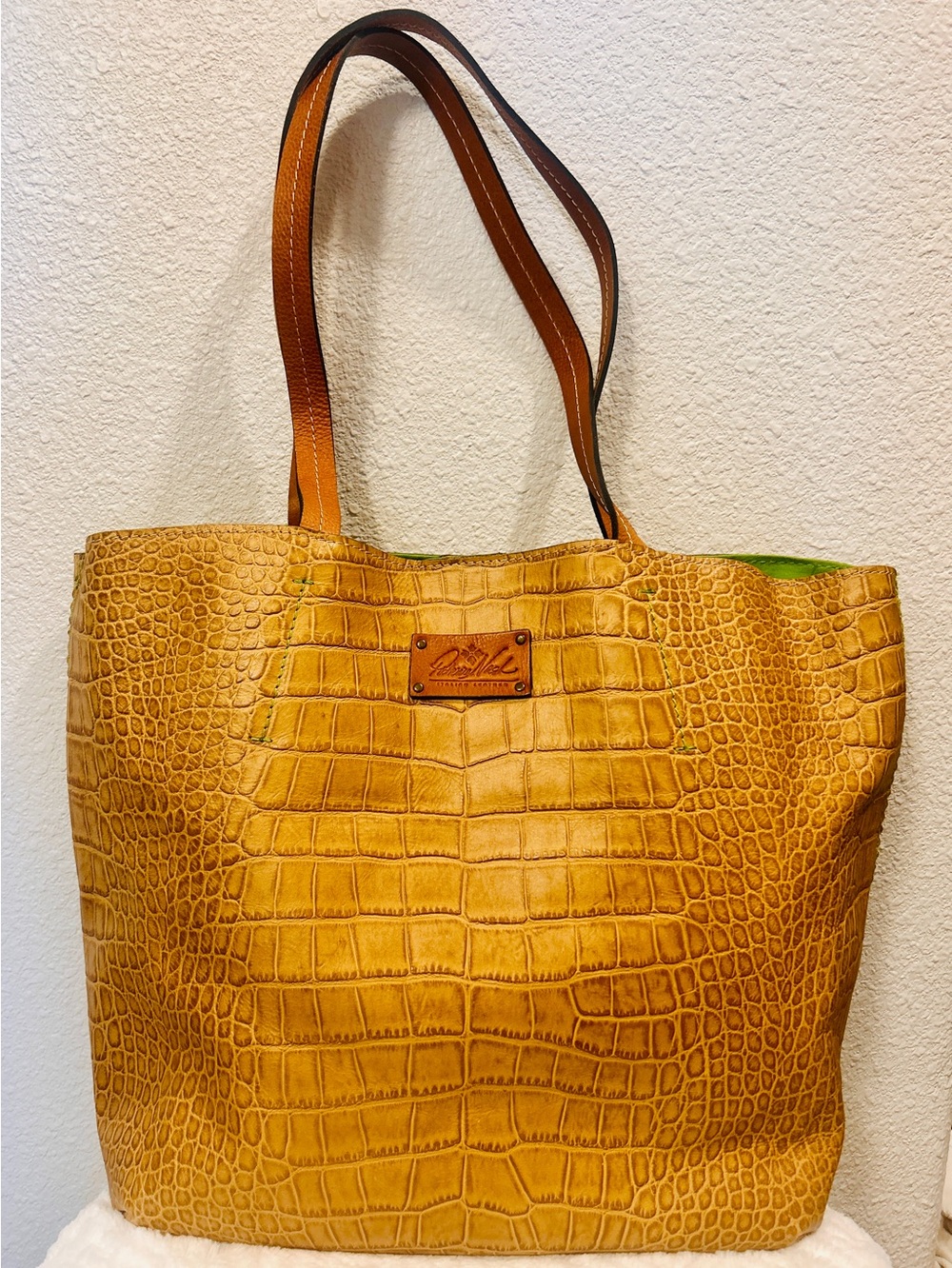 Patricia Nash Croc-Embossed Tote Bag with Leather Handles and Green Interior